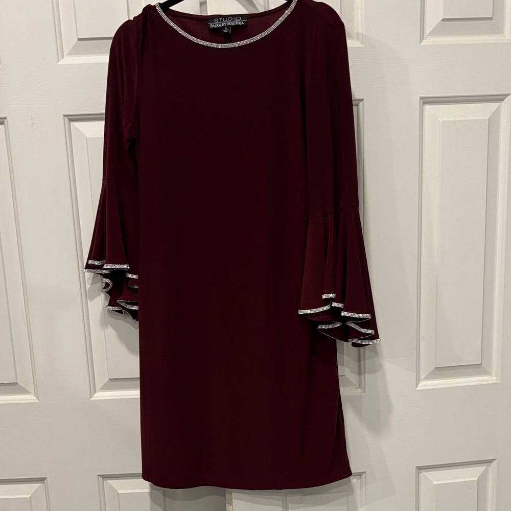 Studio I Burgundy Long Sleeve Dress with Silver Trim